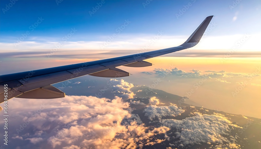 Obraz premium Aerial view of airplane wing over clouds at sunset