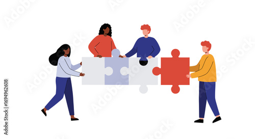Diverse team collaborating to assemble puzzle pieces symbolizing teamwork