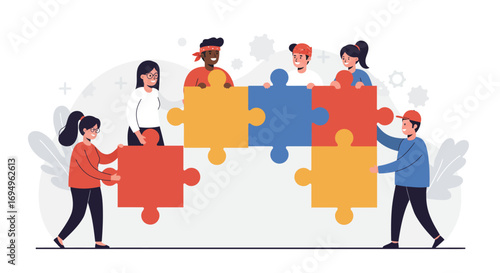 Team collaboration concept with diverse characters connecting colorful puzzle pieces