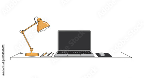 Minimalist workspace with laptop, lamp, and accessories on desk
