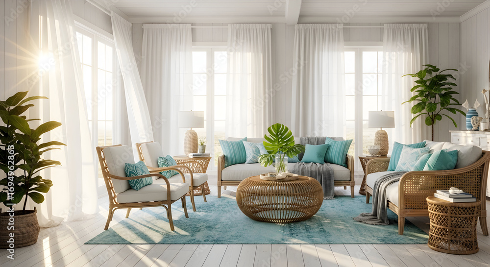 Obraz premium Bright and airy living room interior design with natural light and coastal decor