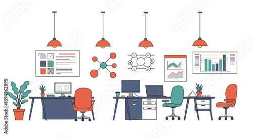 Modern office workspace with charts and data visualizations in flat design