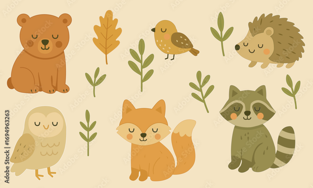 Fototapeta premium Hello autumn. Cartoon figures of forest birds, animals and leaves. Perfect for stylish autumn design of design works.