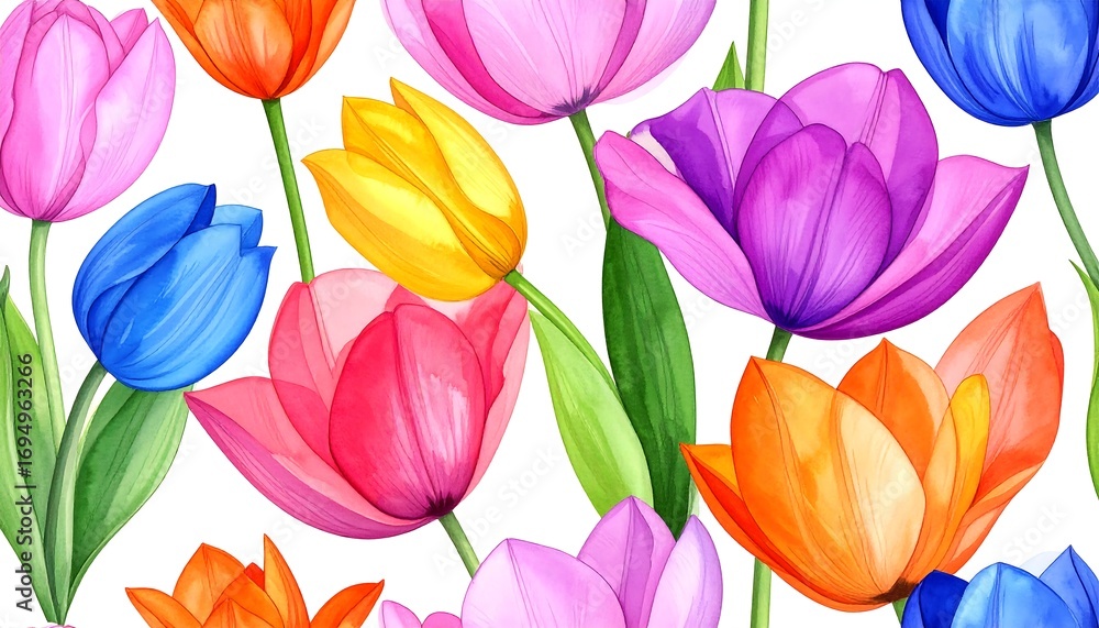 Fototapeta premium Vibrant tulips in various colors. Watercolor style