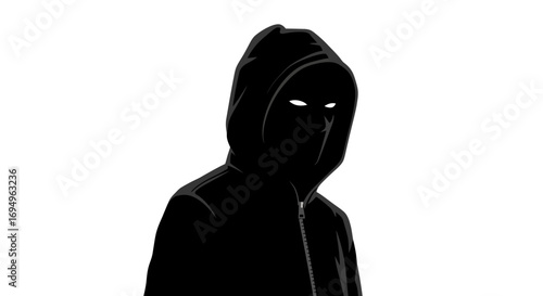 Mysterious hooded figure with glowing eyes in silhouette style on white background