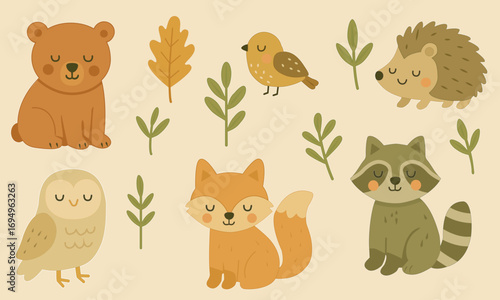 Hello autumn. Cartoon figures of forest birds, animals and leaves. Perfect for stylish autumn design of design works.