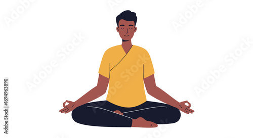 Young man meditating in lotus pose practicing mindfulness and relaxation
