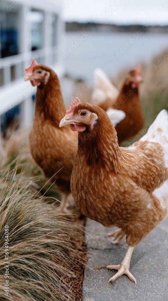 Naklejka premium Chickens peck at grain as two dogs frolic nearby, set against a red barn and a vibrant sunset casting shadows across the landscape