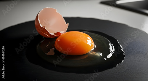 Broken egg with yolk on black surface, close up shot with high level of detail