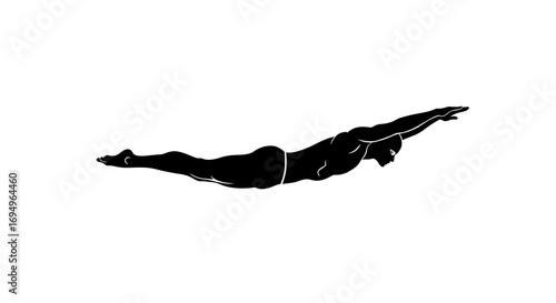 Diver silhouette in mid-air pose with outstretched arms on white background