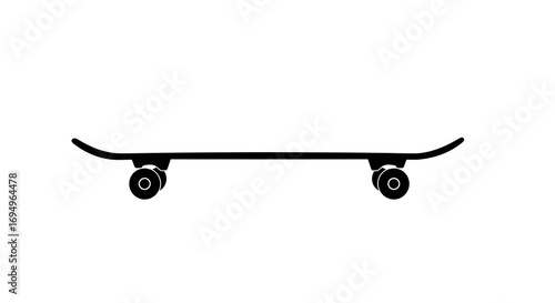 Minimalist black silhouette of a skateboard on white background