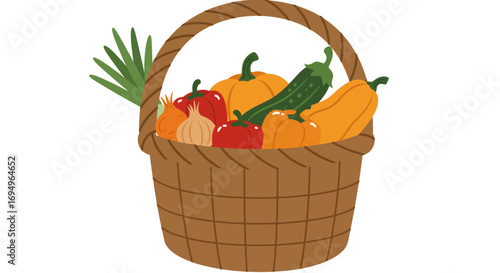 Wicker basket with fresh vegetables: peppers, squash, and more in flat design