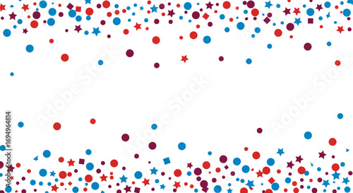 Colorful confetti pattern with stars and circles on white background