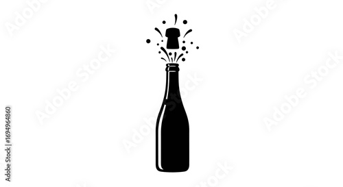 Silhouette celebration champagne bottle with cork popping and bubbles