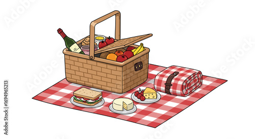 Picnic basket with food and wine on checkered blanket