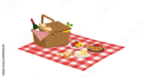 Charming picnic with basket, wine, and fresh snacks on a checkered blanket