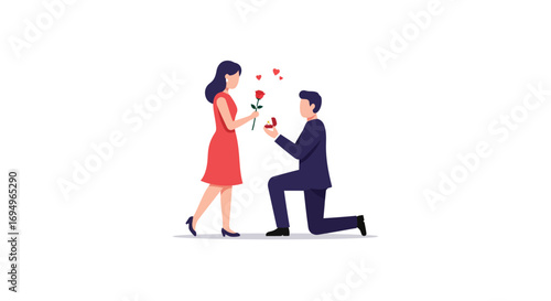 Romantic proposal scene: man kneeling with ring and woman holding rose