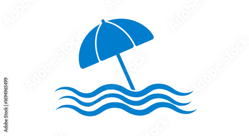 Beach umbrella and waves icon in blue silhouette style