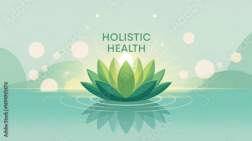 Holistic health and wellness concept with lotus flower in water, serene and peaceful scene for meditation and relaxation, promoting balance and harmony