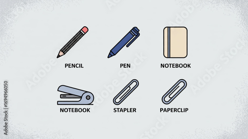 Office supplies icon set featuring a pencil, pen, notebook, stapler, and paperclip for stationery and organization needs