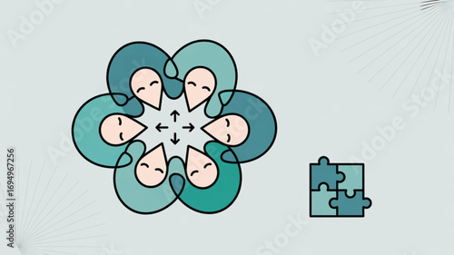 Illustration of a collaborative team working together to solve problems, the team is made up of diverse individuals who are all working towards a common goal
