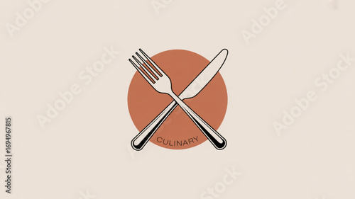 Culinary delight a minimalist logo featuring a crossed fork and knife against a warm terracotta circle, symbolizing food, dining, and the art of cooking