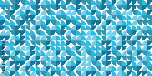 Blue Abstract Geometric Seamless Pattern – Modern Mosaic Design with Half Circles and Curves – Cool Tiled Texture Background