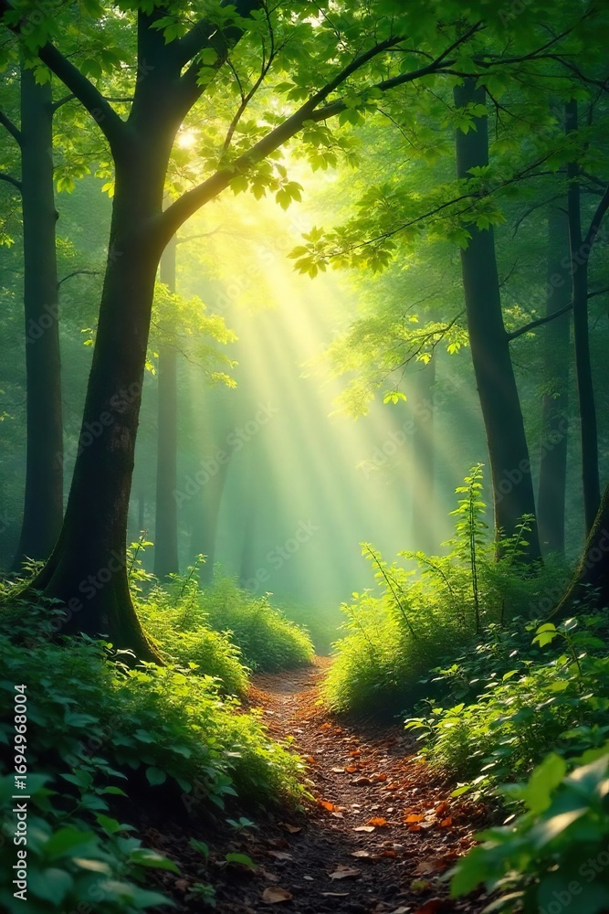 Obraz premium Serene nature scene perfect for mindfulness and meditation; calming forest bathing, sunlight dappling through leaves, tranquil sounds of nature , shinrin-yoku, soil