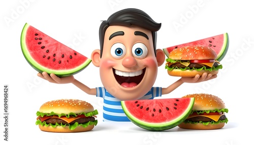 A cartoon man joyfully holds burger and watermelon slices. He has big eyes, a wide grin, and wears a striped shirt. The backdrop is plain white, emphasizing the colorful food