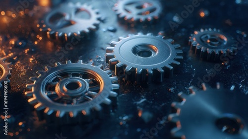 An abstract composition ofinterlocking metallic gear representing business effciency.