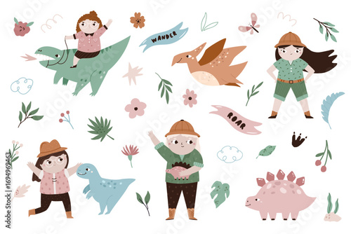 Cute Girl Explorer and Dinosaurs Vector Set. Adventure Clipart Collection