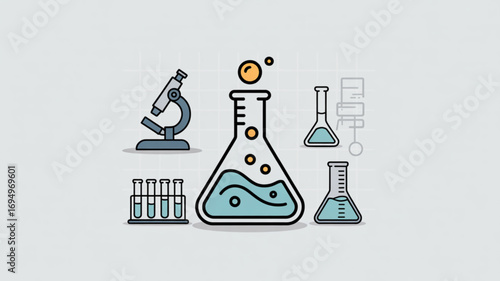 Science lab equipment illustration featuring a microscope, flasks, and test tubes, representing scientific research, experimentation, and analysis