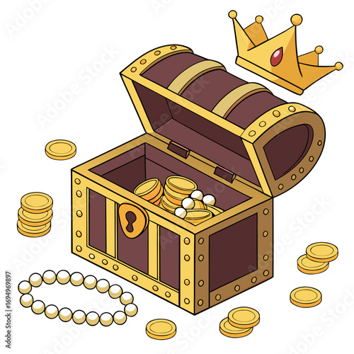 Treasure chest with gold coins and crown vector illustration for pirate theme and wealth concept 