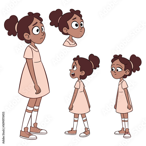 Cartoon character poses of a young girl in a dress showing different angles and expressions for animation or design purposes nicely done