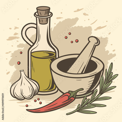 Still life featuring olive oil garlic chili pepper rosemary and mortar and pestle for cooking and culinary arts illustration