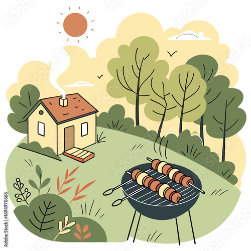 Backyard barbecue scene with a cozy house and grilling skewers on a sunny day perfect for summer picnics and outdoor family gatherings