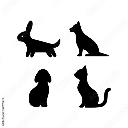 Minimalistic black and white animal silhouettes including a rabbit, dog, cat, and wolf
