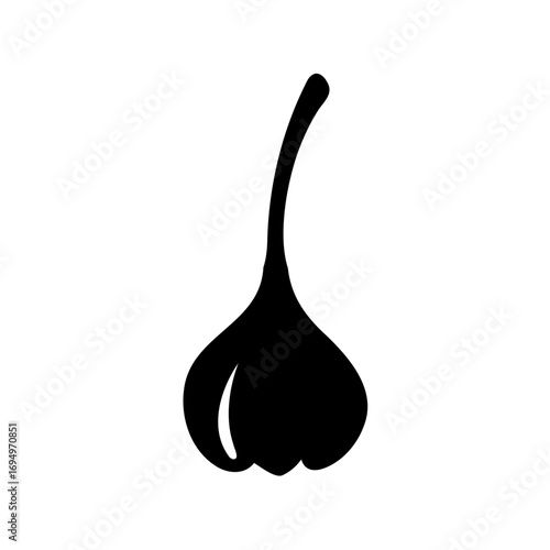Monochrome vector illustration of a single garlic bulb with its stalk