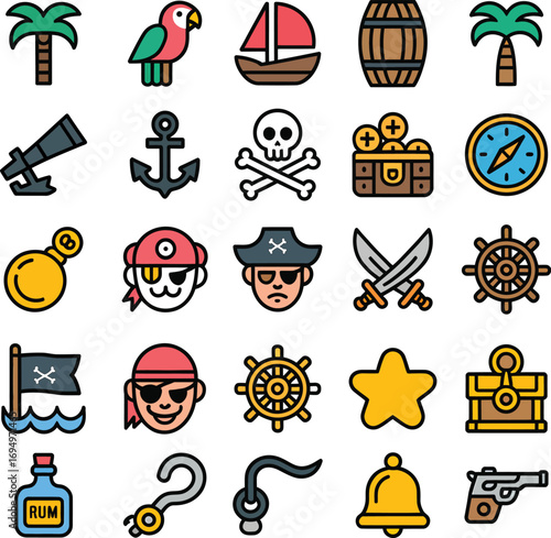 Colorful Pirate Icon Set Featuring Treasure Chests, Parrots, Ships, Anchors, Swords, Rum Bottles, and Nautical Symbols for Adventure and Game Design