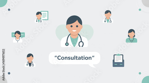 Illustration of a doctor surrounded by other medical professionals, symbolizing consultation and healthcare services
