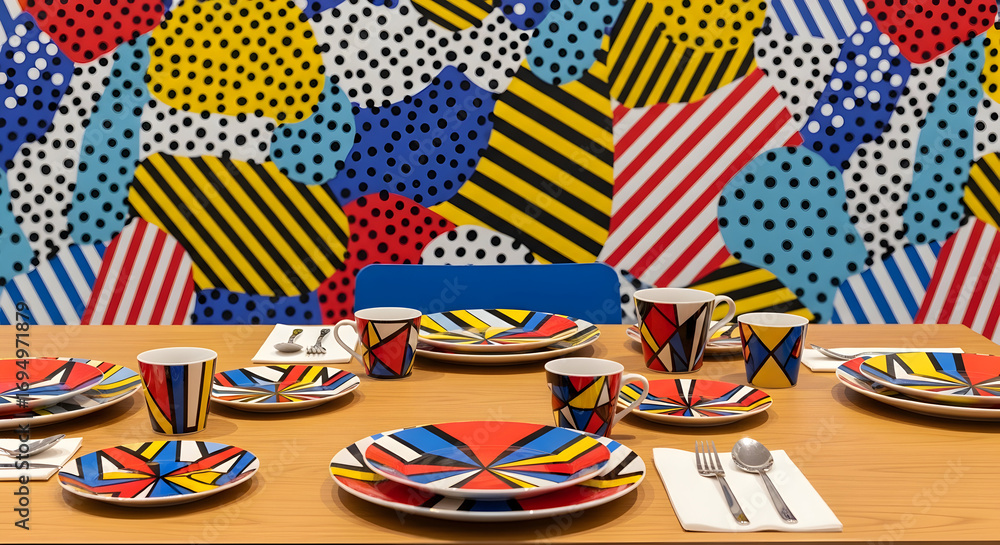 Obraz premium Colorful Table Setting With Plates, Cups And A Decorative Painted Wall Background