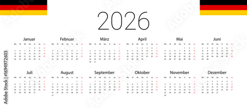 Germany 2026 calendar template. Vector design template start from monday. Full months for wall calendar. isolated wall background.