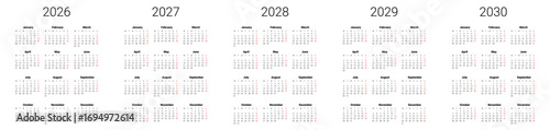 Set of 2026, 2027, 2028, 2029, 2030 calendar start from Monday. English UK Vector template. Full months for wall calendar. isolated background