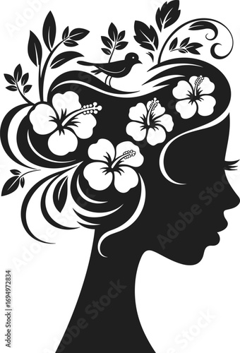 Elegant silhouette of woman with floral hair design, tropical flowers and leaves, nature-inspired art, feminine beauty, artistic portrait, decorative hairstyle, creative black and white illustration.