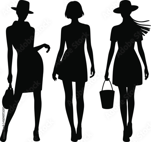 Fashionable women silhouettes in stylish dresses, holding handbags, wearing hats, walking confidently, modern female fashion, elegance, beauty, chic lifestyle, outdoor style