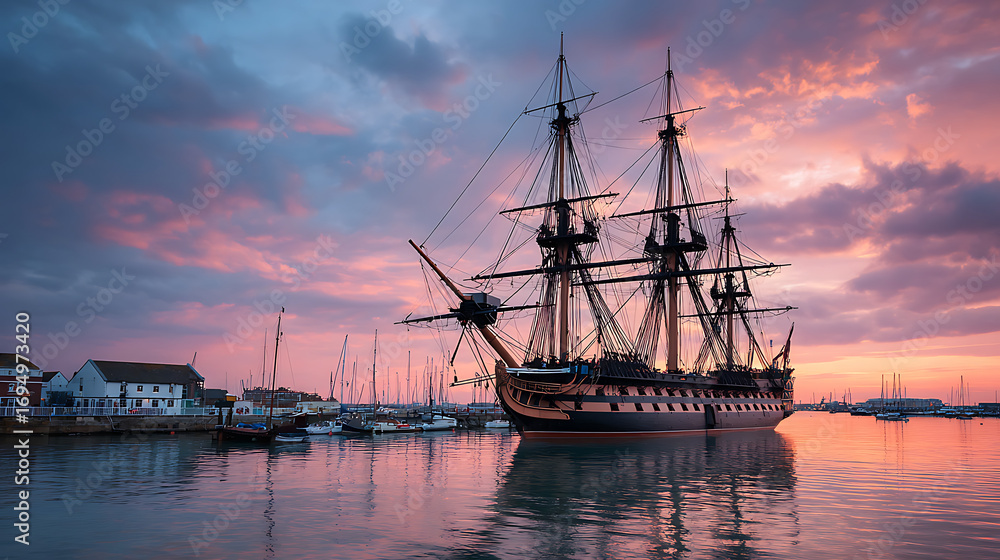 Fototapeta premium hms victory historic naval ship at portsmouth harbor during sunset sailing maritime vessel fleet ocean adventure history scenic nautical beauty