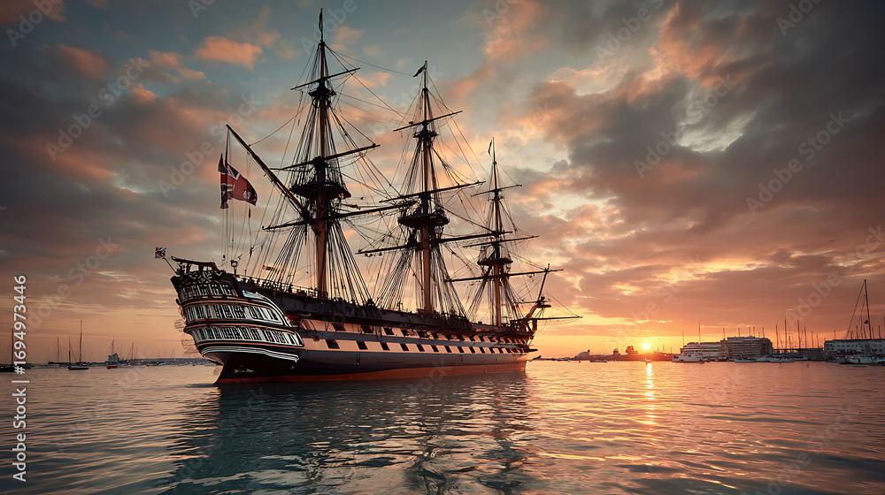 Fototapeta premium hms victory historic naval ship at portsmouth harbor during sunset sailing maritime vessel fleet ocean adventure history scenic nautical beauty