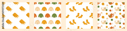 Vector seamless autumn pattern collection isolated on white. Cozy scarf, sweaters, socks and cute cats with yarn balls. Warm fall design for textile and wrapping. Knitting background collection.