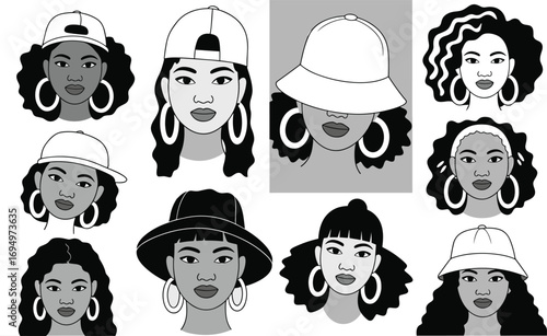 Stylish black woman portraits in caps and hats, urban fashion illustration, big earrings, modern hairstyle, confident expressions, street style vector art
