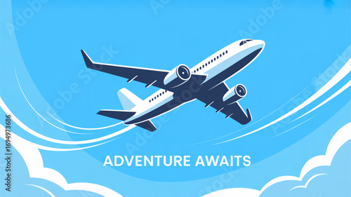 A white airplane soars through a vibrant blue sky, leaving trails of clouds behind, with the inspiring message adventure awaits displayed below